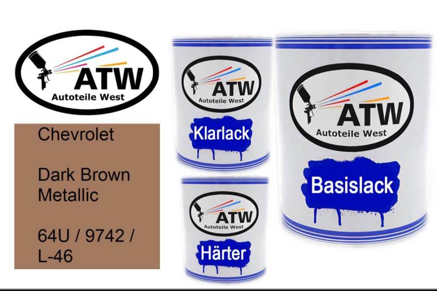 Chevrolet, Dark Brown Metallic, 64U / 9742 / L-46: 1L Lackdose + 1L Klarlack + 500ml Härter - Set, von ATW Autoteile West.